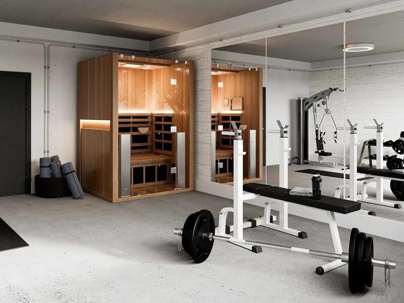 Gym or fitness recovery sauna with red light therapy