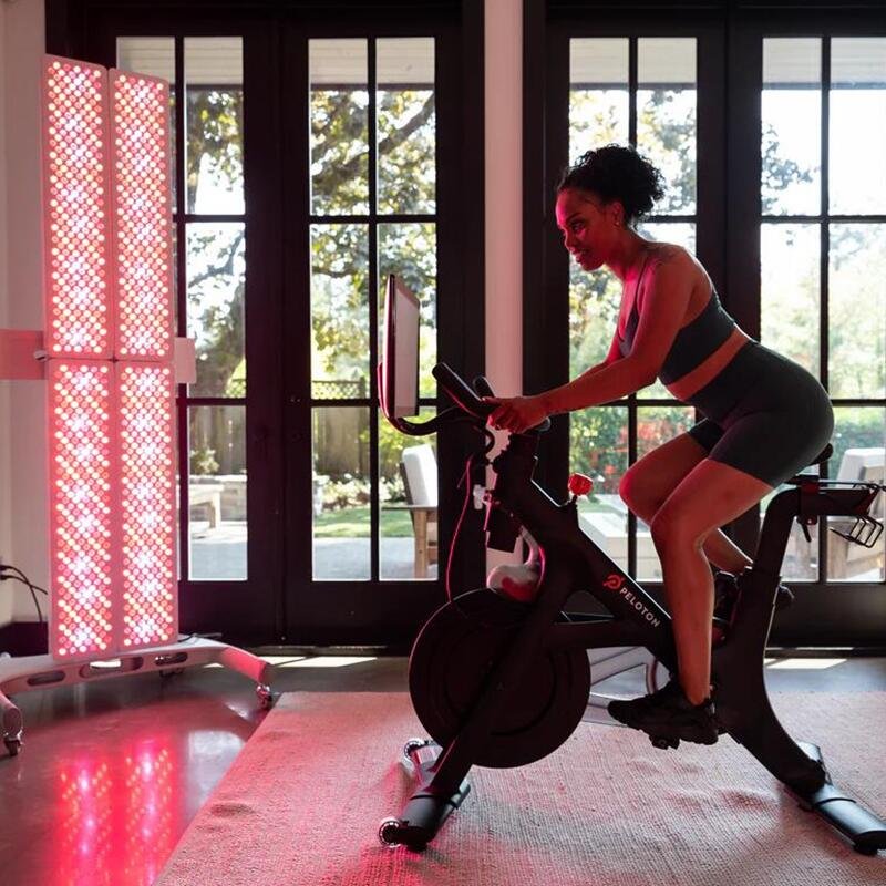 Home gym recovery setup with red light panel