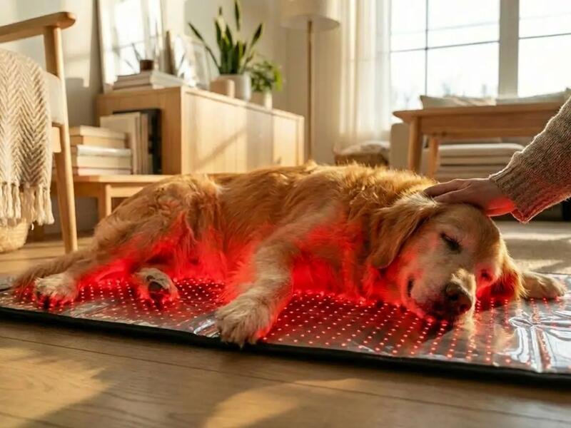 Dog receiving therapeutic light treatment at veterinary clinic