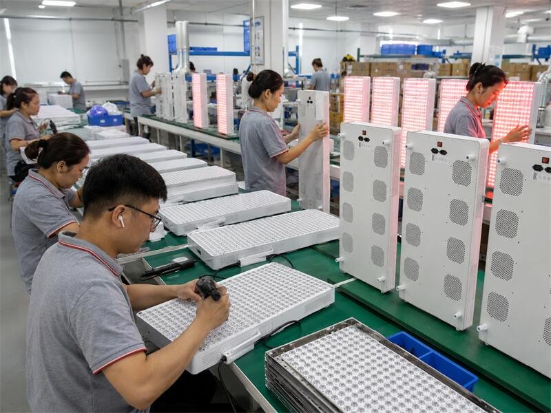 Manufacturing line assembling red light therapy panels with quality control