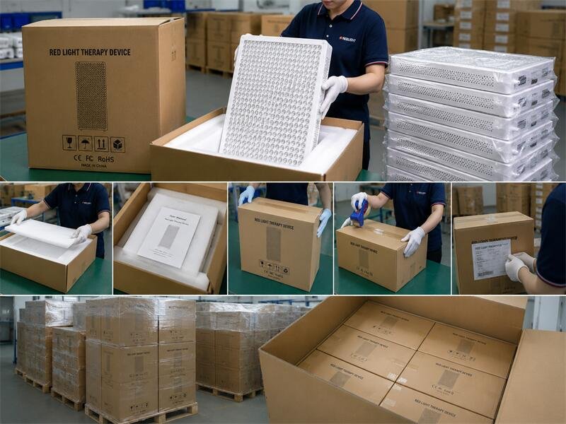 Red light therapy panels being packed into branded retail boxes on the production floor