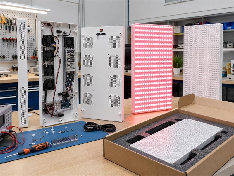 Hand-assembled red light therapy panel prototype on workbench