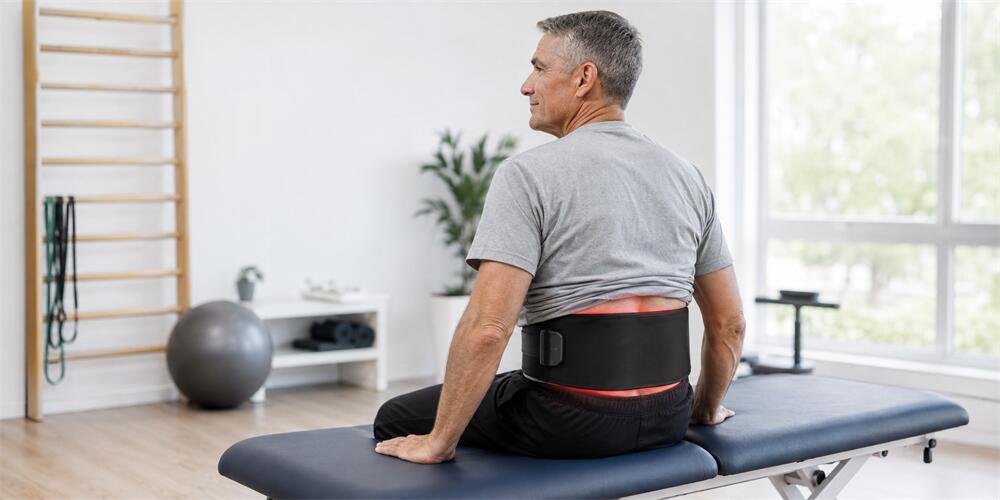 Physical therapy patient using light therapy belt on lower back