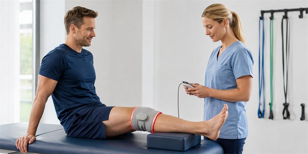 Rehabilitation clinic patient wearing light therapy belt on knee