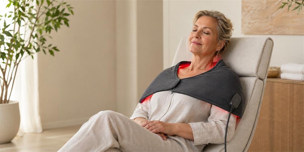 Wellness center client relaxing with abdominal light therapy wrap