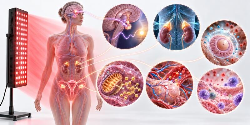 Infographic showing six indirect mechanisms by which red light therapy may support estrogen balance: mitochondrial function, blood flow, inflammation reduction, oxidative stress, circadian rhythm, and cortisol modulation