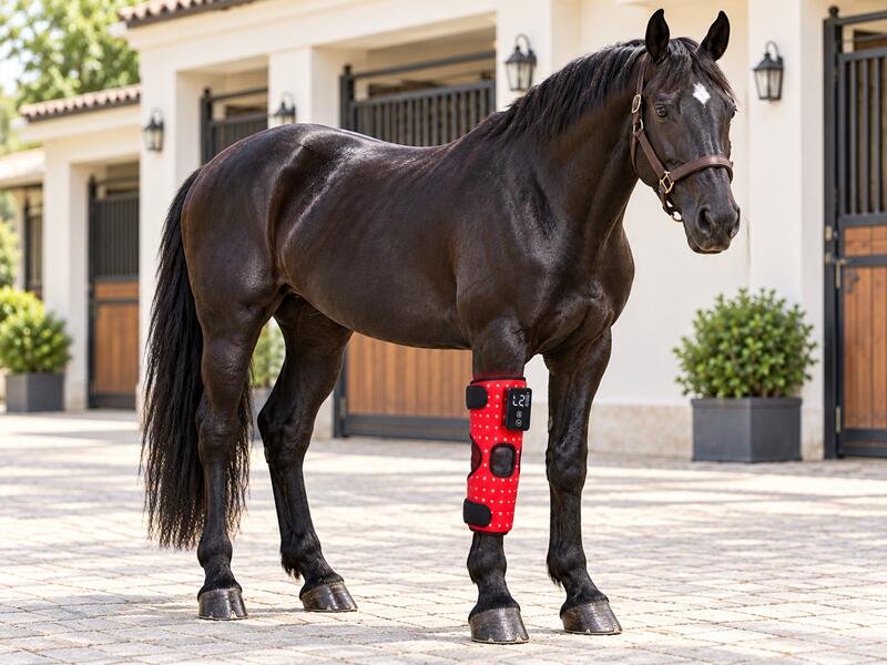 Black horse in red LED knee wrap