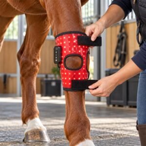 Caretaker fitting a red light knee wrap-9