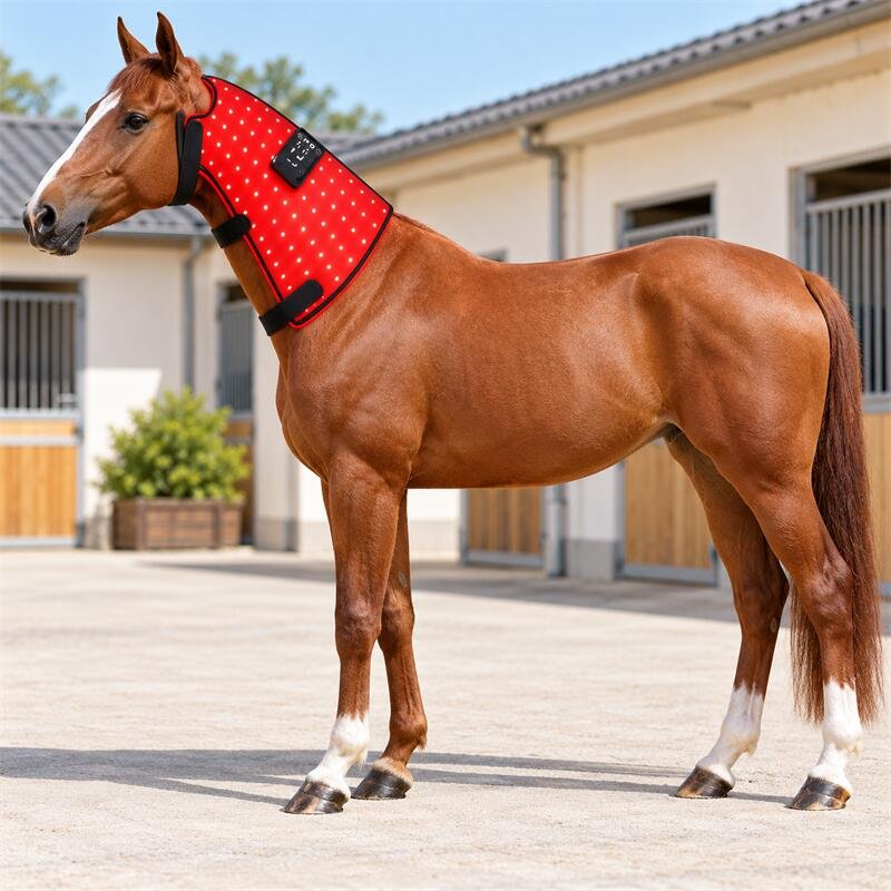 Chestnut horse wearing red light therapy wrap-1