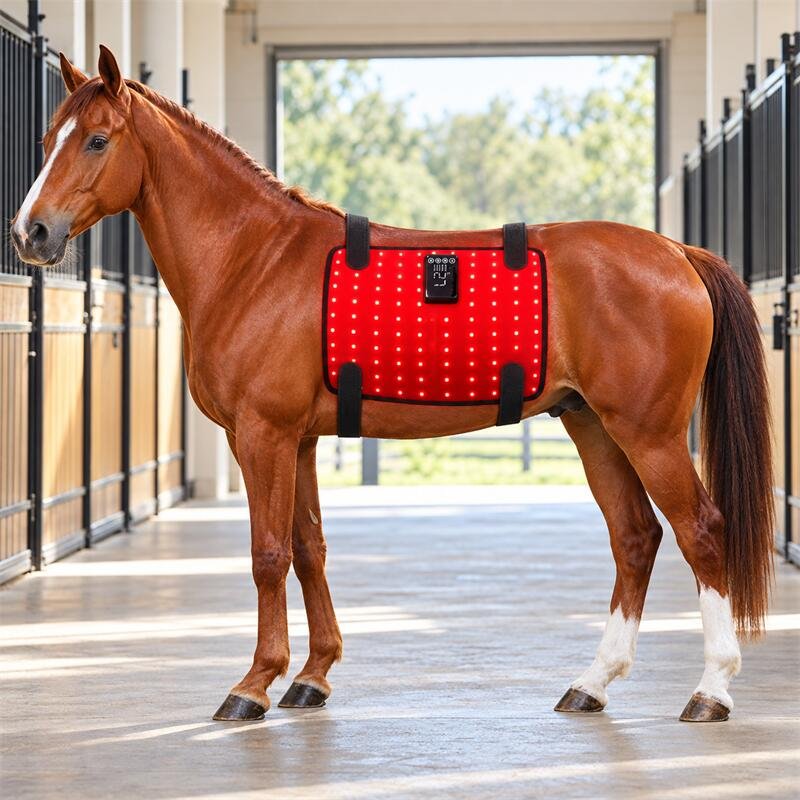 Chestnut horse with illuminated red therapy wrap-1