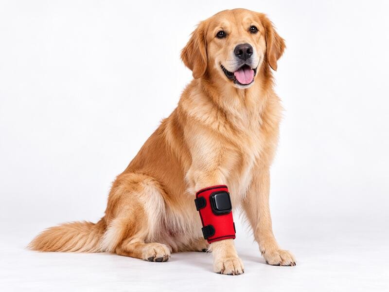 Golden Retriever Wearing Red Therapy Leg Strap