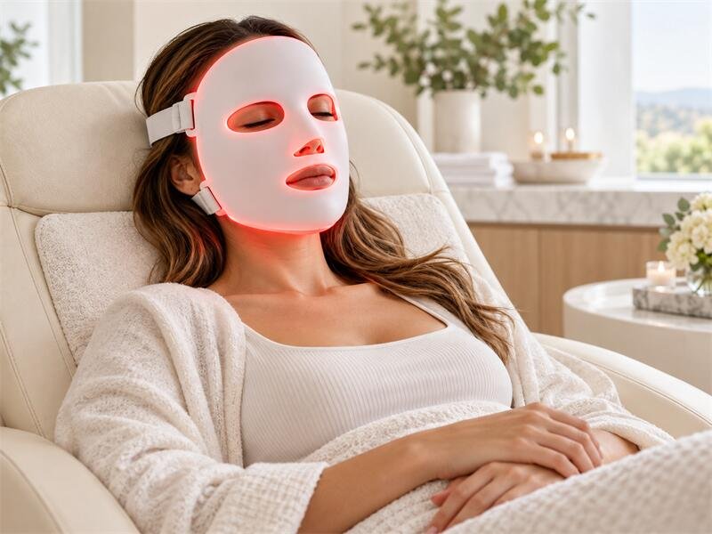 Red light therapy face mask covering lower face for cold sore treatment