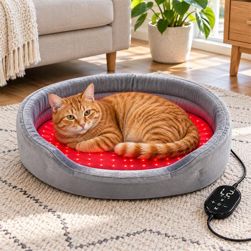 Orange Tabby Relaxing in Red Light Bed-4