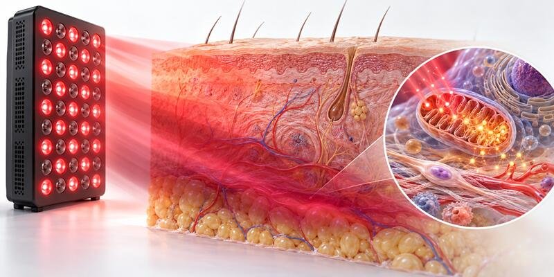 Diagram showing how red light photons penetrate skin layers and stimulate mitochondrial ATP production