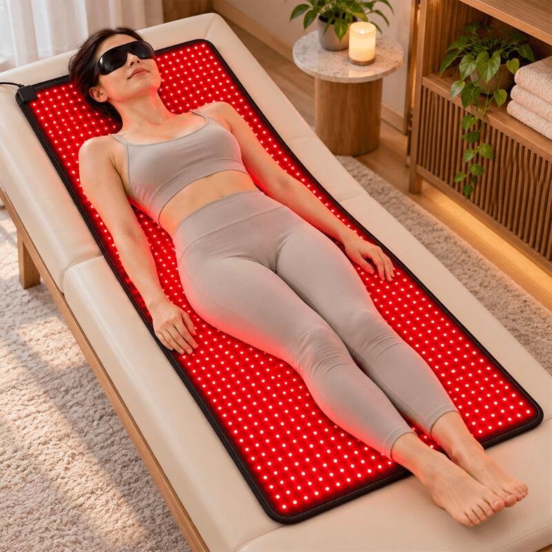 Woman Relaxing on Red Light Mat-5